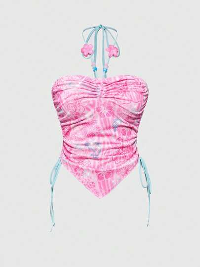 J-Fashion Canotta in rete da donna con stampa di delfini, ibisco e leopardo stile Y2K, vacanza, decorata con perline