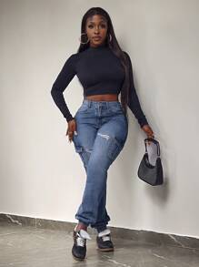 Slaydiva Women's Casual Distressed Skinny Denim Cargo Jeans - Blue - View 6