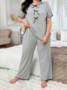 SHEIN Bộ đồ ngủ vải lụa sữa siêu mềm mại, tối giản, thắt nơ, thân thiện với da, cỡ lớn, trang phục - Màu Xám nhạt - Xem 3