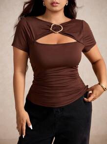 Elaquor Áo thun nữ cỡ lớn, màu cà phê, dễ phối đồ, khóa kim loại đa năng, mùa hè - Cà phê nâu - Xem 3