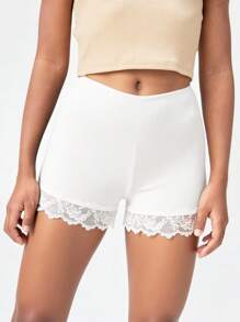 Tween Girls Casual Fashionable White Knit Lace Trim Snug Fit Shorts