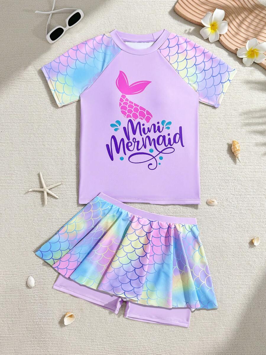 SHEIN Bộ đồ bơi hai mảnh phong cách nàng tiên cá cho bé gái, họa tiết vảy cá mơ màng, lãng mạn cùng đại dương - Nhiều màu - Xem 1