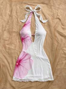 Soleia Vestido mini ajustado con estampado floral de strass falso, escote en V profundo, apropiado para vacaciones, atuendo de verano, estilo bohemio, crochet, lino