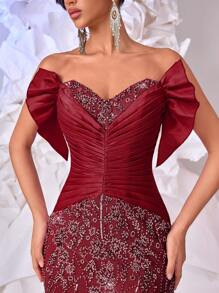 Glamrae Elegante y lujoso vestido de bola satinado, fruncido y con cola de pez con cuentas y lentejuelas, adecuado para bodas, fiestas, vacaciones, galas y eventos formales (resistente)