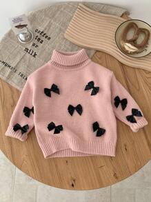 SHEIN Babygirl 可爱百搭休闲粉色蝴蝶结长袖毛衣，秋冬 - 彩色 - 查看 5