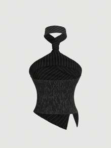 SHEIN MOD Tie-Neck Slit Fitted Women Blouse - Black - View 2