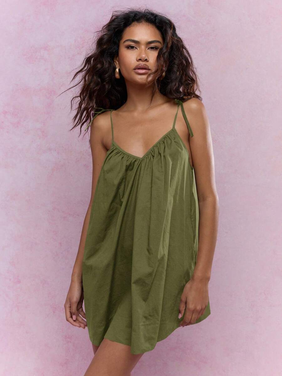 MISSGUIDED Đầm xòe ngắn tay có dây buộc có thể điều chỉnh, dáng chữ A rộng rãi thoải mái cho mùa hè, đi nghỉ - xanh quân đội - Xem 1