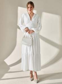 CLARA VERO Vestido elegante y casual con bordado de ojales, vestido blanco largo, vestido de falda