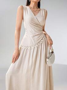 Heiryn Damen einfarbiges Sommerkleid mit V-Ausschnitt, ärmellos, tailliert, Lässig Strandurlaubs-Kleid