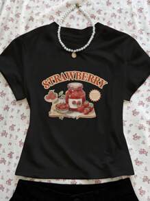 SHEIN Qutie Women's Casual Strawberry & Letter Print Short Sleeve T-Shirt, Summer Graphic Tees Women Tops - Black - View 1
