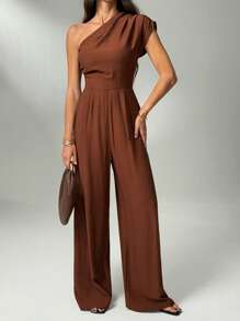 SHEIN Tall 2025春夏新款音乐节复活节圣帕特里克节西部风游牧风生日派对毕业季学院风学生装日常出游基础百搭休闲度假邮轮旅行沙滩海边日光浴网红爆款街头风优雅不对称设计纹理面料棕色单肩聚拢连体裤 - 棕色 - 查看 6