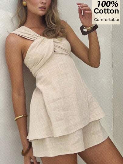 Siren Gaze Summer Pure Cotton Holiday Suit For Women, Linen Twisted One-Shoulder Top + Short Suit For Women, Beach Wear, Fashionable Casual Holiday Wear