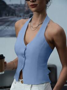 INAWLY 女士纯色吊带简约背心 - 藍色 - 查看 3