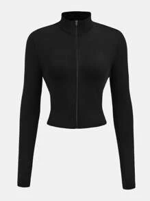 SHEIN Girlism 青少年女孩休闲弹力半拉链 V 领紧身长袖 T 恤，秋冬基本款外套、夹克