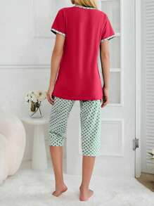 SHEIN Cottnline 100% Cotton 2 chiếc áo sơ mi cotton in khẩu hiệu màu tương phản và quần Capri in chấm bi, đồ ngủ mặc ở nhà - Màu Hồng Tươi - Xem 2