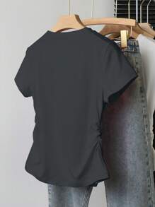 INAWLY 女式心形印花圆领短袖褶皱休闲 T 恤，夏季 - 灰色 - 查看 2