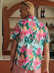 SWAVVY Camisa azul de manga corta con estampado floral tejido casual para hombre, adecuada para vacaciones