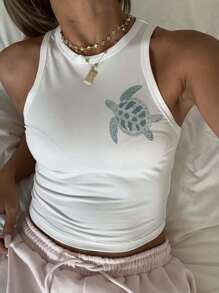 SHEIN EZwear 休闲简约圆领修身女士白色背心，适合夏季海滩度假装返校