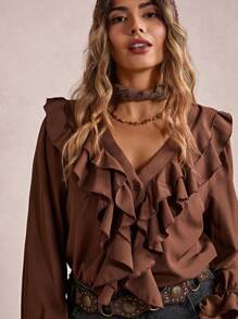 Freevana Bluzka z falbaniastym wykończeniem w dużym rozmiarze, prosta, modna, na co dzień