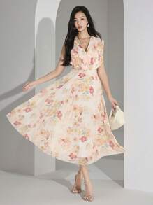 Heiryn 女士花卉印花褶皱无袖优雅中长连衣裙，适合度假 - 彩色 - 查看 1