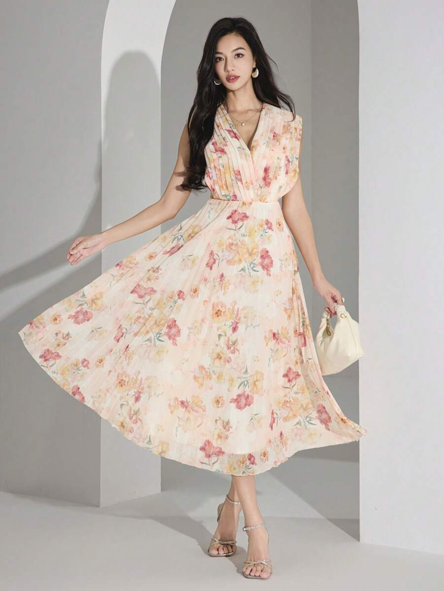 Heiryn 女士花卉印花褶皱无袖优雅中长连衣裙，适合度假 - 彩色 - 查看 1