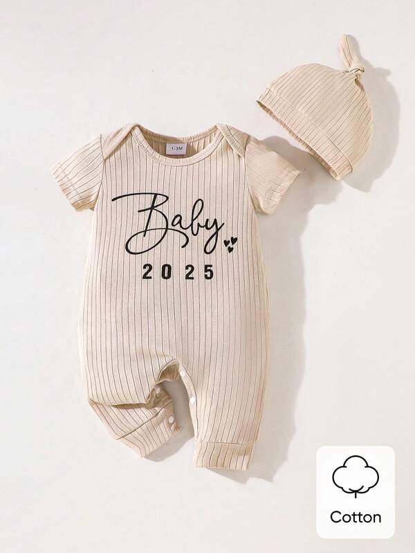 SHEIN 2-Pcs Newborn Baby Boys/Girls Casual Knit Comfortable Letter Printed Solid Color Short Sleeve Jumpsuit & Hat Set, Spring/Summer, 2025 New Year Version, Valentine's Day