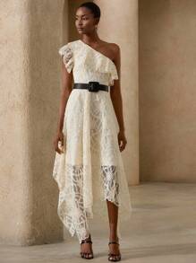 BELROSIE New Summer French Style Oblique Shoulder Ruffle Organza Embroidered Flared Sleeveless Dress - Apricot - View 5