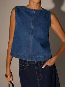 SHEIN Forever 21 Women's Fall& Winter Formal/Back To School/Halloween/Wedding Guest/Vacation/Y2k/Beach /Cute/Teacher/Going Out/Business Casual/Elegant/Birthday/Office/Country Concert/Club Sexy/Western/Work/Streetwear/Vintage/Festival/Cocktail/Rave/Prom/Hawaii/Airport/Funny/Basic/Brunch/2000s Style/Old Money Style/Church/Homecoming/Classy/Party/Modest/Date Night/Cowgirl/Back Zipper Sleeveless Denim Top - Royal Blue - View 7