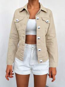 EURMUSE 98%Cotton Flap Pocket Button Front Denim Jacket - Camel - View 4