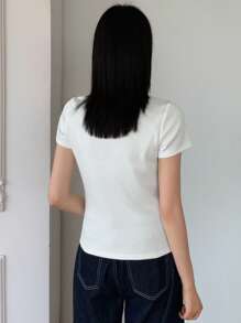 DAZY 女士夏季百搭时尚休闲V领短袖T恤 - 白色 - 查看 5