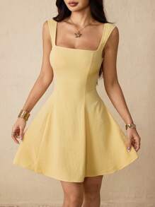 SHEIN PETITE Váy ngắn hở lưng màu vàng bơ thanh lịch lãng mạn cho nữ, váy sinh nhật, váy bó sát đi biển, váy tiệc trà, váy mùa hè cho nữ - Vàng nhạt - Xem 3