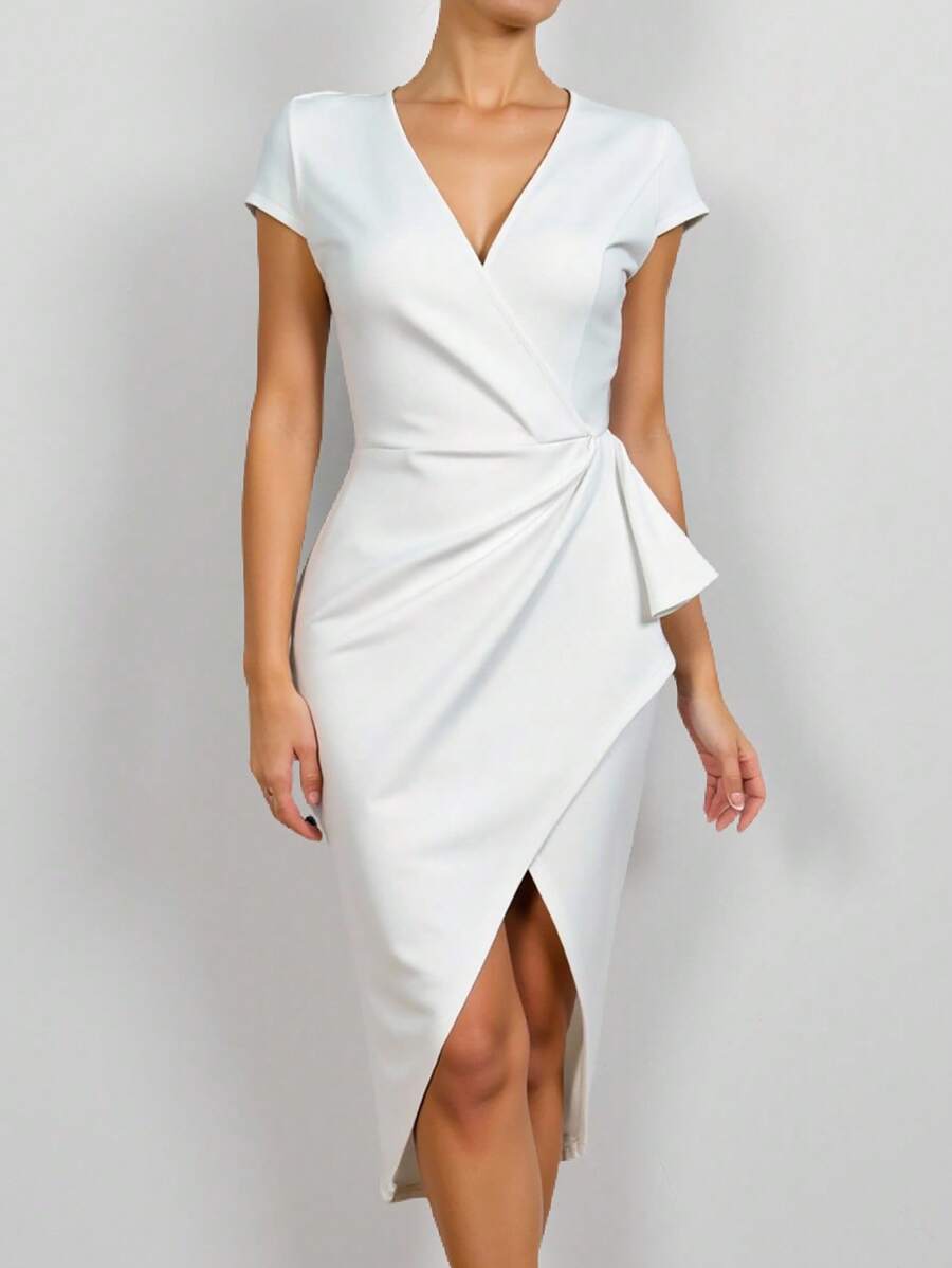 SHEIN Clasi 女士优雅纯色系腰中长裹身连衣裙 - 白色 - 查看 1