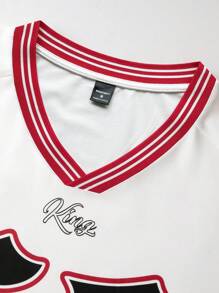 PAVTROS 男士条纹拼接数字印花短袖T恤，休闲日常穿着，图案T恤，图案T恤，图案男士T恤