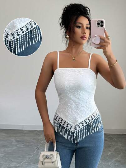 Elenzga Women's Floral Jacquard Fringed Hem Camisole Top, Summer