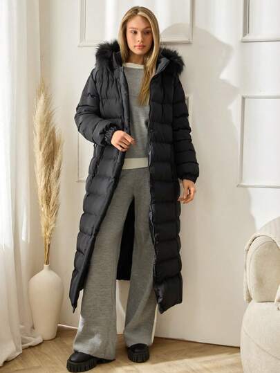 SHEIN Tall Tall Size Faux Fur Hooded Puffer Long Length Coat, Belt Details, Metallic Zipper And Accessory, Warm And Elegant