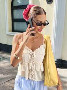 Chiquease Women's Solid Color Front Tie Layered Trim Simple Camisole - Apricot - View 4