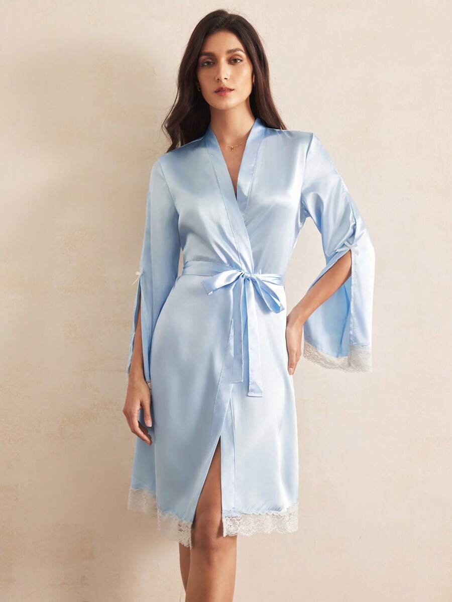 Charlaine 女式缎面蕾丝边系带开衩袖长袍，缎面光泽，秋季 - 藍色 - 查看 1