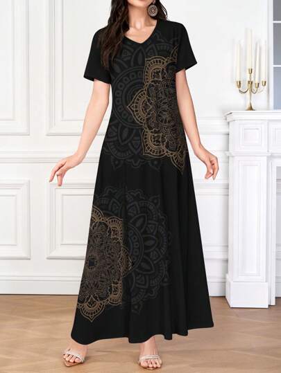 Lacomfia Vestido corto de mujer con estampado artístico elegante y de moda