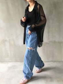 FRIFUL Women Mesh Oversized Long Sleeve Casual Blouse, Spring Summer,Ruffle Sheer,Fall Women Clothes