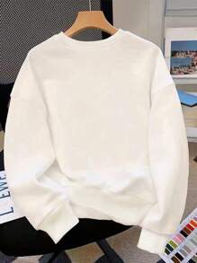 SHEIN Tween Girl Casual Loose Letter Print White Long Sleeve Crew Neck Thick Sweatshirt, Suitable For Autumn & Winter