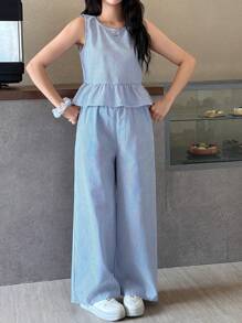 SHEIN TEENGIRL 2 Pieces Casual Set: Loose Fitting Blue & White Striped Sleeveless Top And Long Pants, Suitable For Vacation And Minimalist Style Two Piece Women Sets Girl Co Ord Sets Striped Two Piece Set Casual Two Piece Set Teen Outfit Two Piece - Blue and White - View 5