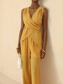 Vesra Women's 2 Pieces Set Summer New Arrival High-End Fashionable & Versatile Sleeveless V-Neck Top And Straight-Leg Pants Suit