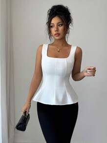 Elenzga 女士优雅精致方领前开叉无袖上衣，适合办公室、通勤、下午茶、派对、度假、休闲春夏 - 白色 - 查看 6