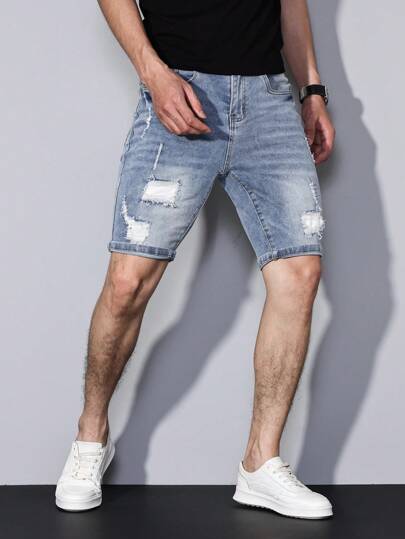 Manfinity Homme 男士蓝色做旧时尚休闲百搭夏季牛仔短裤