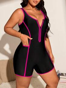 Swim SPRTY 1 件大码女式纯色冲浪服撞色边连体休闲运动度假泳衣，夏季 - 玫紅色 - 查看 3