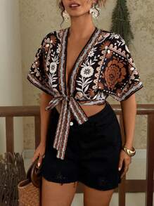 Travachic Plus Size Vintage Floral Print Tie Front Short Sleeve Shirt Boho - Black - View 7