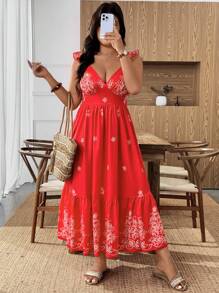 Weeklong 大码女式盖袖腰带花卉印花连衣裙，夏季女装