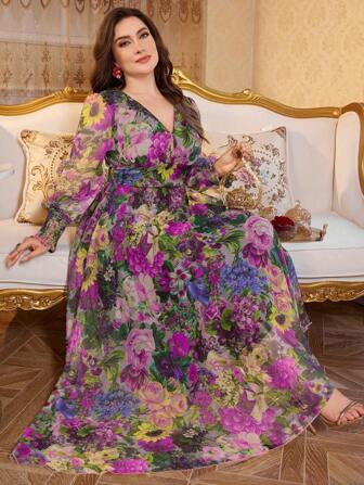 Modelyn Nuevo vestido elegante y generoso de manga larga con escote de pico