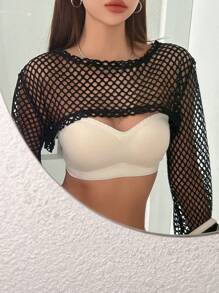 DAZY Solid Hollow Out Crop Top Festival Sheer Long Sleeve Women Tops