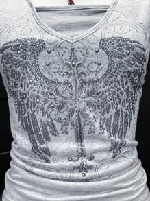 EgrlEra 女式灰色朋克图案水钻装饰短袖 T 恤 - 淺灰色 - 查看 3